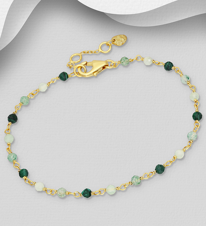 Desire by 7K - Wholesale 925 Sterling Silver Bracelet, Beaded with Green Aventurine, Malachite and Prehnite, Plated with 0.3 Micron 18K Yellow Gold - SKU #2070-576A