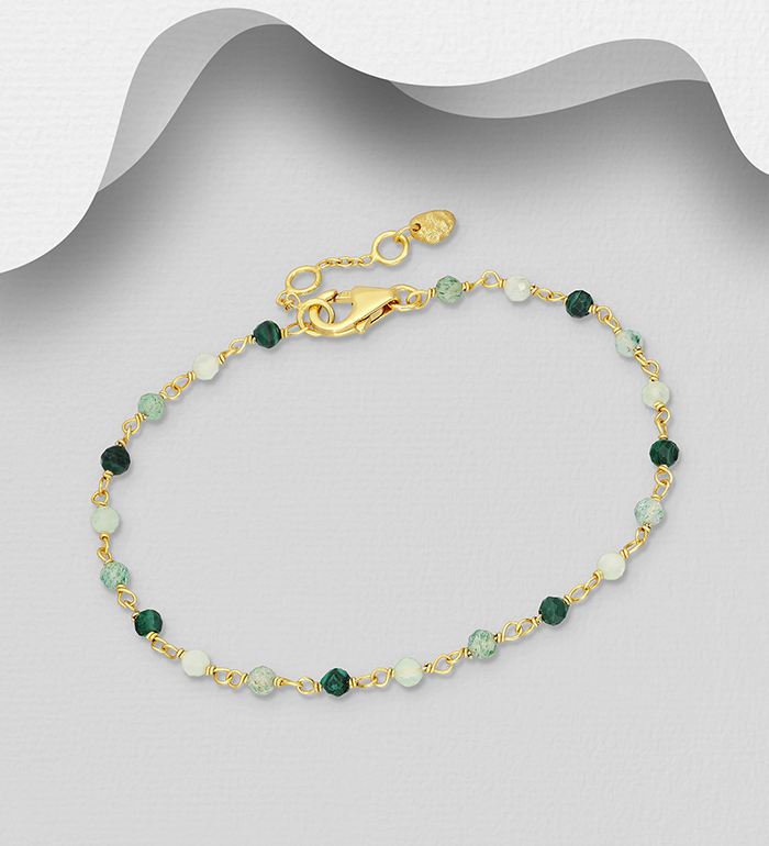 Desire by 7K - Wholesale 925 Sterling Silver Bracelet, Beaded with Green Aventurine, Malachite and Prehnite, Plated with 0.3 Micron 18K Yellow Gold - SKU #2070-576A