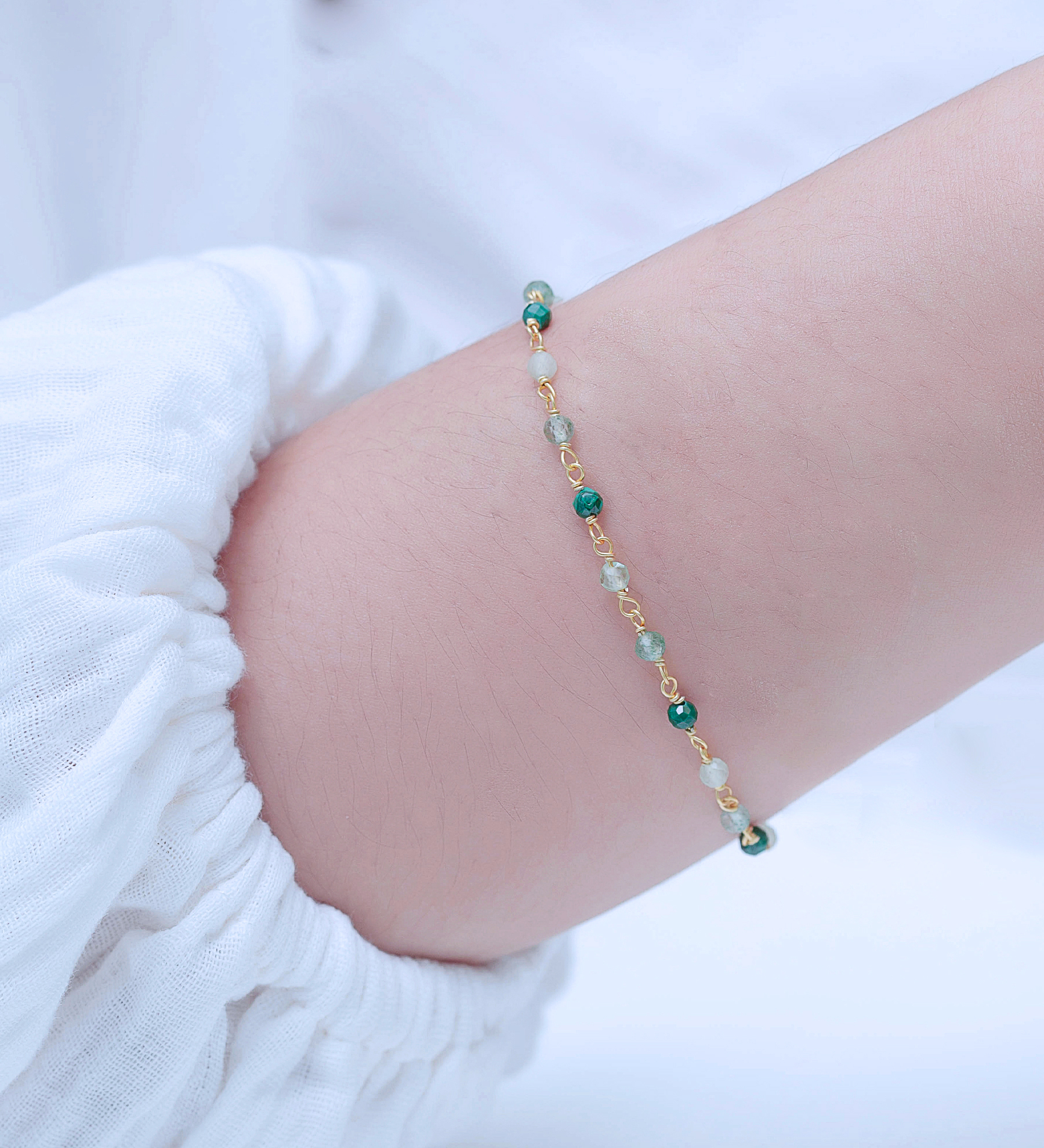 Desire by 7K - Wholesale 925 Sterling Silver Bracelet, Beaded with Green Aventurine, Malachite and Prehnite, Plated with 0.3 Micron 18K Yellow Gold - SKU #2070-576A