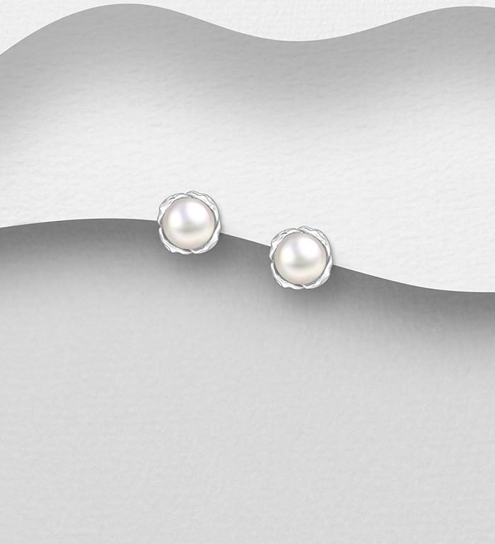 Wholesale 925 Sterling Silver Push-Back Earrings, Decorated with Freshwater Pearls - SKU #1063-4904