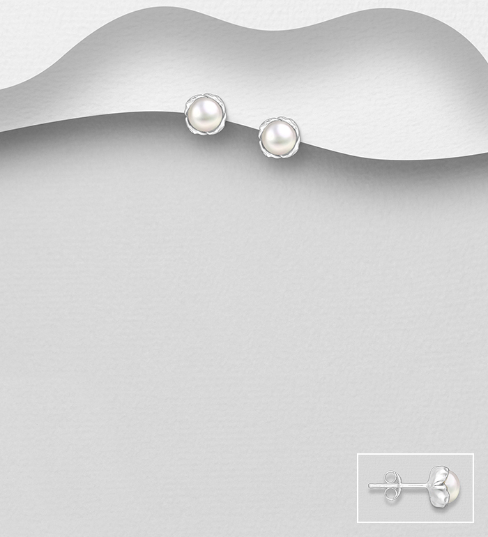Wholesale 925 Sterling Silver Push-Back Earrings, Decorated with Freshwater Pearls - SKU #1063-4904