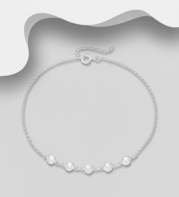 Wholesale 925 Sterling Silver Anklet, Decorated with CZ Simulated Diamonds - SKU #1562-523