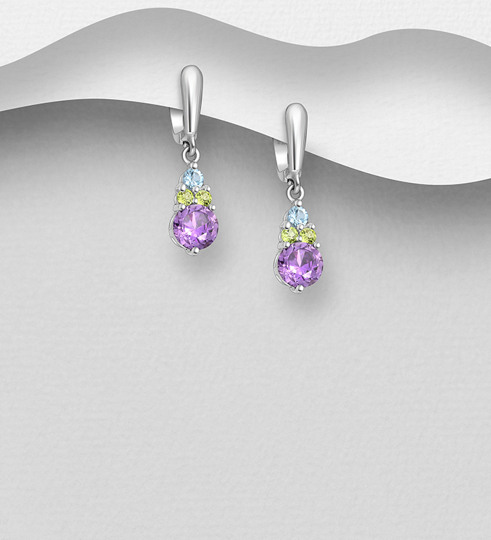 Wholesale 925 Sterling Silver Omega Lock Earrings, Decorated with 
Amethyst, Peridot, Sky-Blue Topaz - SKU #1181-5160