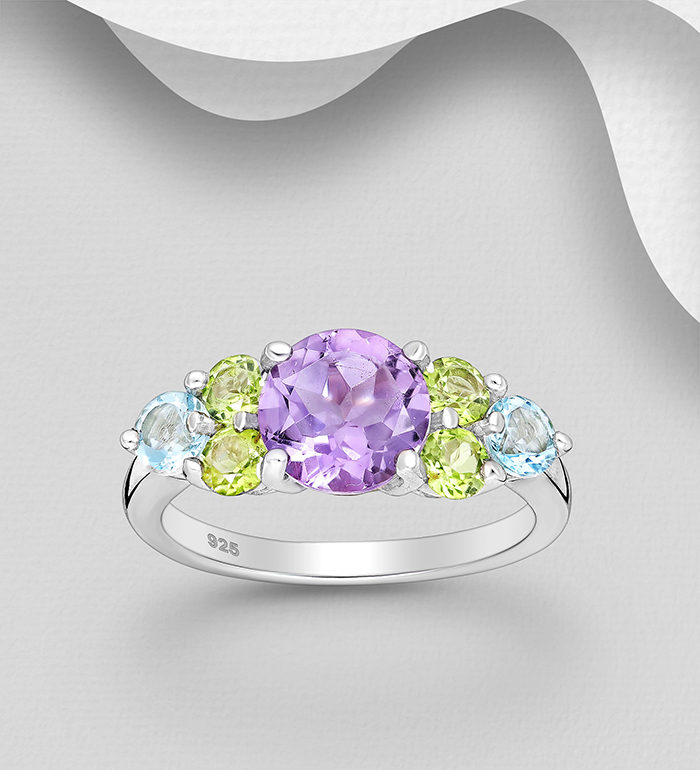 La Preciada - Wholesale 925 Sterling Silver Ring, Decorated with Amethyst, Peridot and Sky Blue Topaz - SKU #1181-5164