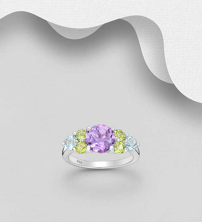 La Preciada - Wholesale 925 Sterling Silver Ring, Decorated with Amethyst, Peridot and Sky Blue Topaz - SKU #1181-5164