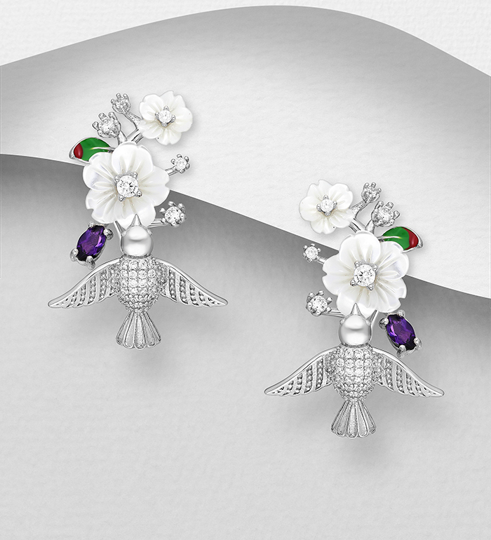La Preciada - Wholesale 925 Sterling Silver Bird and Flower Omega Lock Earrings, with Decorated with Shell, Amethyst, Colored Enamel and CZ Simulated Diamonds - SKU #1181-5168