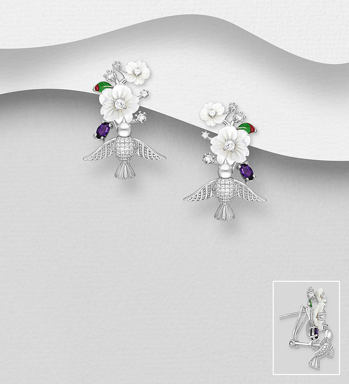 La Preciada - Wholesale 925 Sterling Silver Bird and Flower Omega Lock Earrings, with Decorated with Shell, Amethyst, Colored Enamel and CZ Simulated Diamonds - SKU #1181-5168