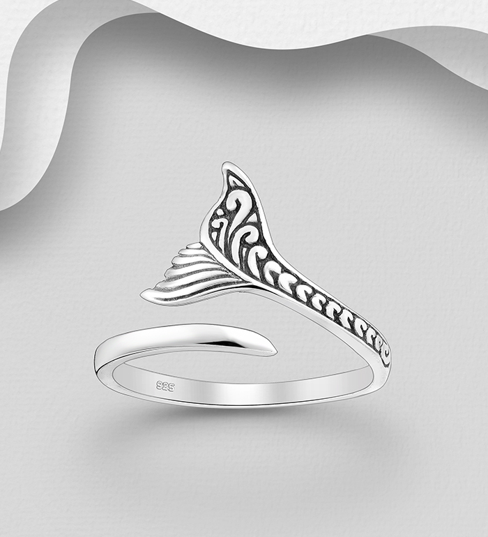 Wholesale 925 Sterling Silver Oxidized Whale Tail Adjustable Ring - SKU #706-39186