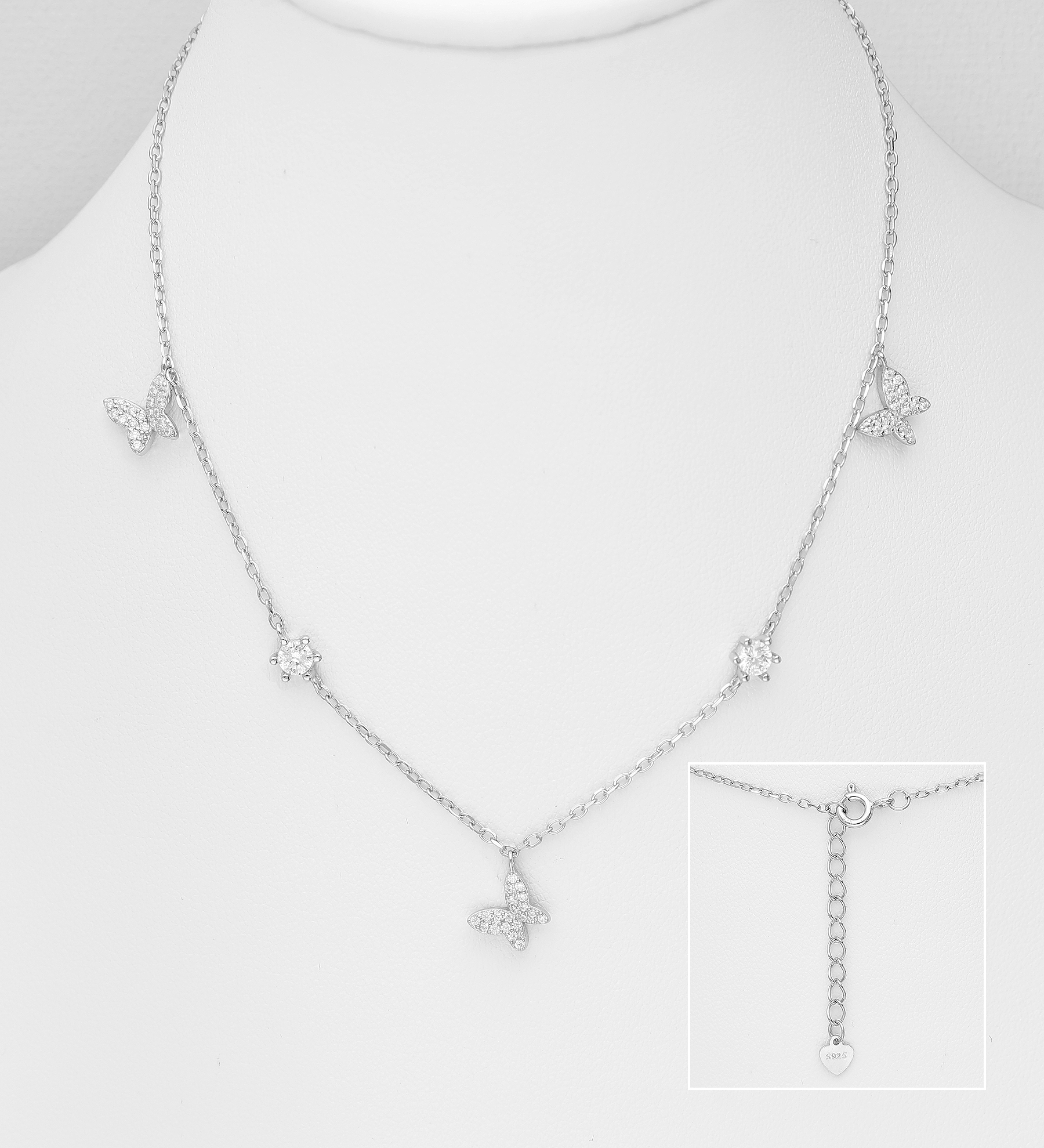 Wholesale 925 Sterling Silver Butterfly Necklace, Decorated with CZ Simulated Diamonds - SKU #701-32945