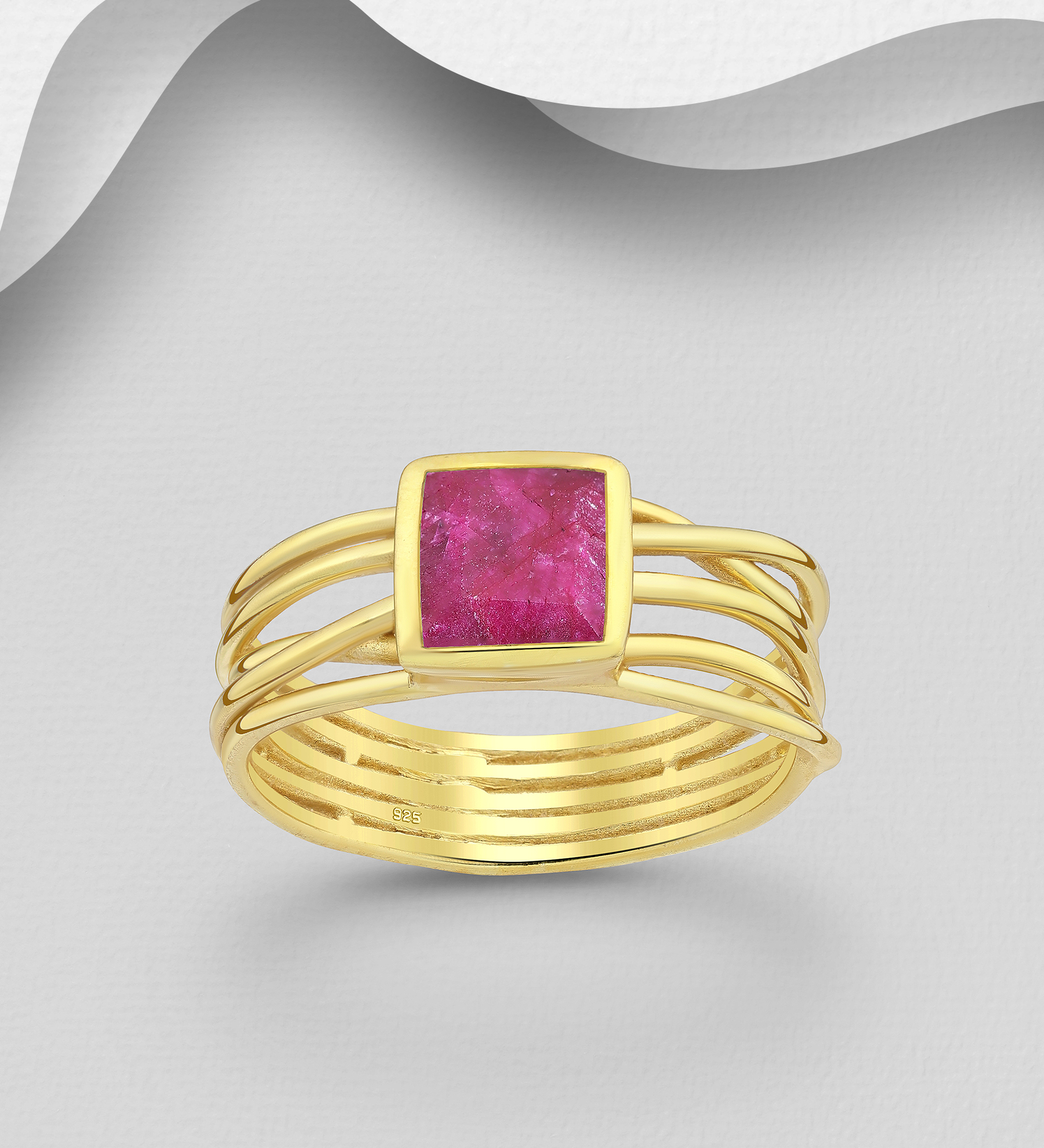 Desire by 7K - Wholesale 925 Sterling Silver Ring, Decorated with Ruby, Plated with 0.3 Micron 18K Yellow Gold - SKU #2070-104A