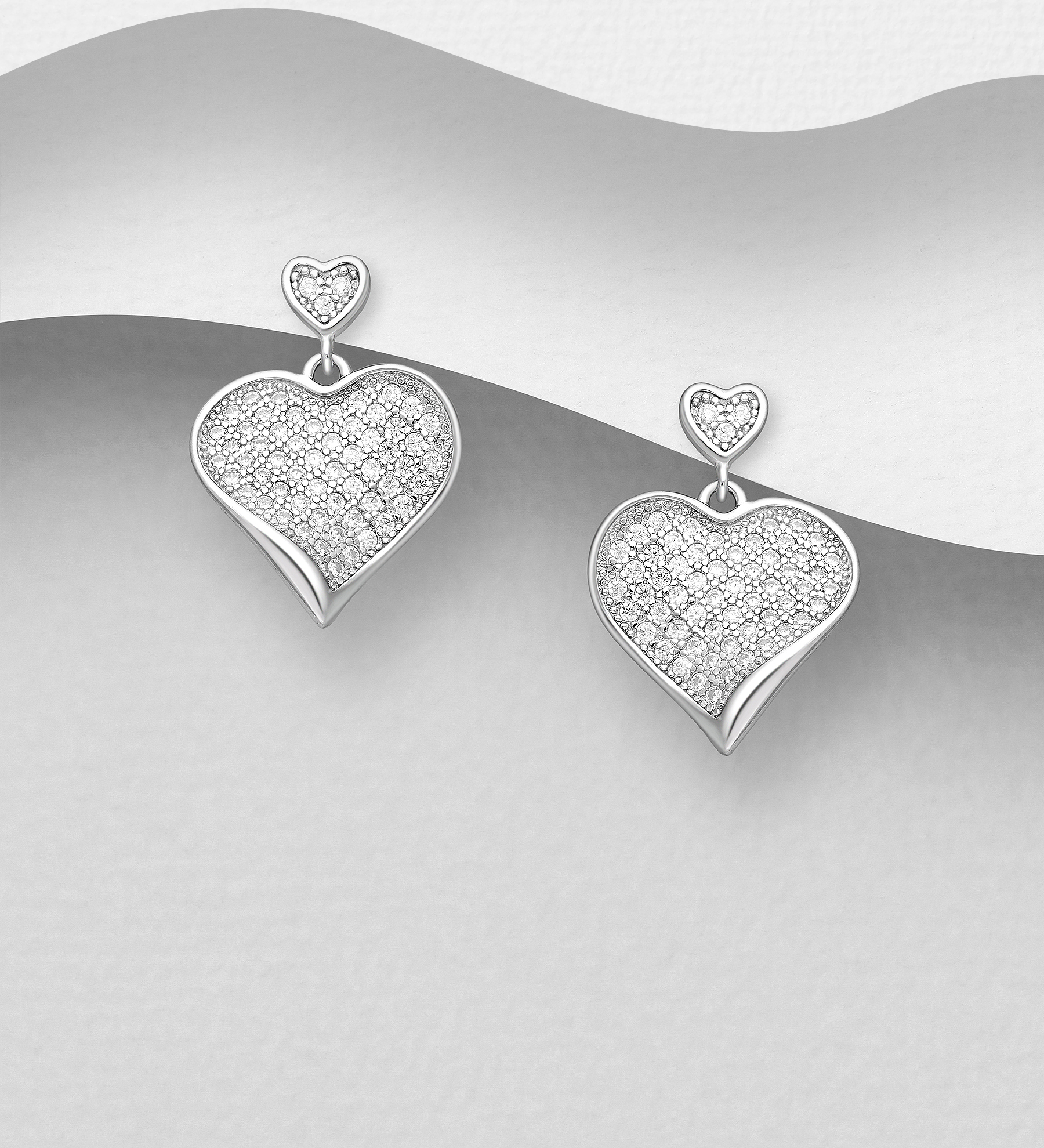 Wholesale 925 Sterling Silver Heart Push-Back Earrings, Decorated with CZ Simulated Diamonds - SKU #701-32955