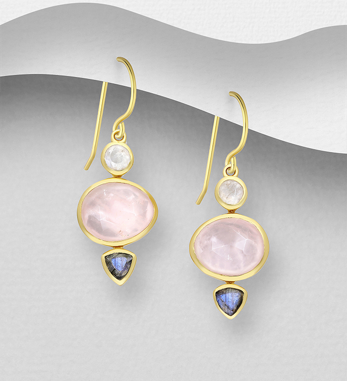 Desire by 7K - Wholesale 925 Sterling Silver Hook Earrings, Decorated with Rose Quartz, Rainbow Moonstone and Labradorite, Plated with 0.3 Micron 18K Yellow Gold - SKU #2070-109