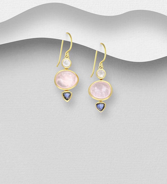 Desire by 7K - Wholesale 925 Sterling Silver Hook Earrings, Decorated with Rose Quartz, Rainbow Moonstone and Labradorite, Plated with 0.3 Micron 18K Yellow Gold - SKU #2070-109