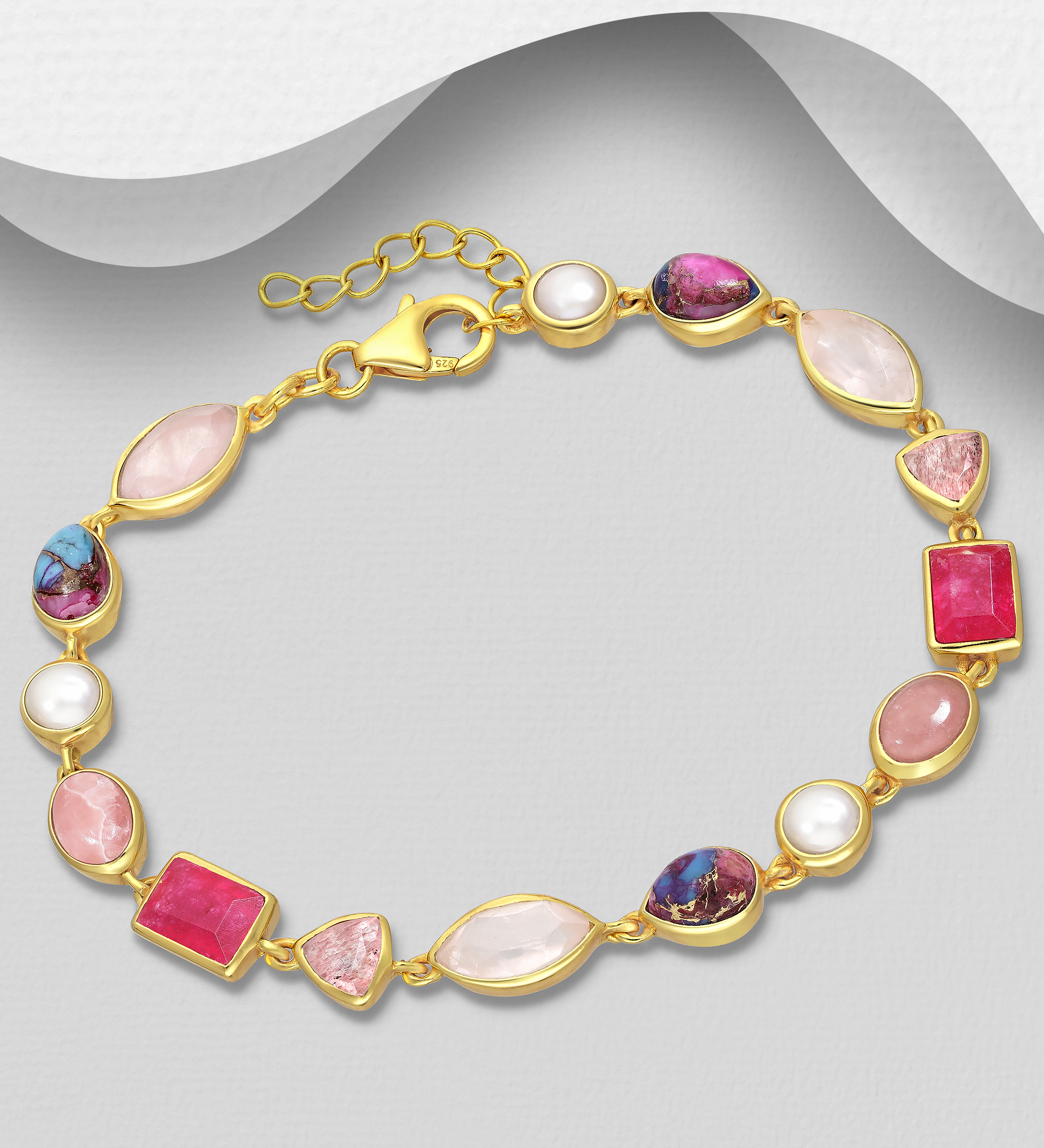 Desire by 7K - Wholesale 925 Sterling Silver Bracelet, Decorated with Freshwater Pearls, Reconstructed Oyster Copper Turquoise, Pink Jade, Rhodochrosite, Rose Quartz and Strawberry Quartz, Plated with 0.3 Micron 18K Yellow Gold - SKU #2070-545A