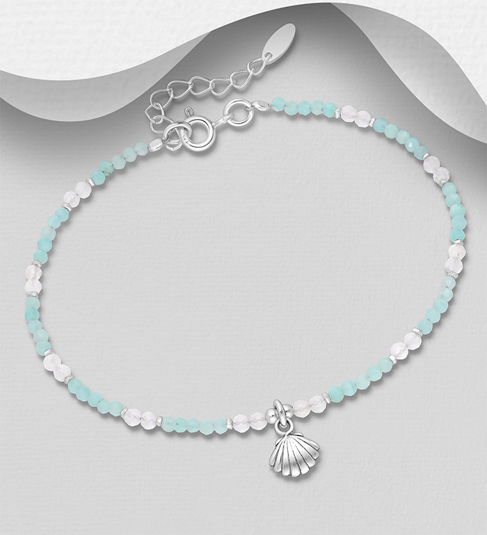 Wholesale 925 Sterling Silver Shell Bracelet, Beaded with Amazonite and Rock Crystal - SKU #883-9831