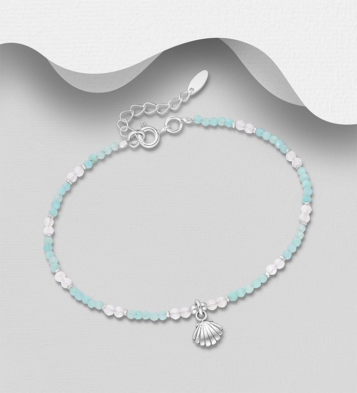 Wholesale 925 Sterling Silver Shell Bracelet, Beaded with Amazonite and Rock Crystal - SKU #883-9831