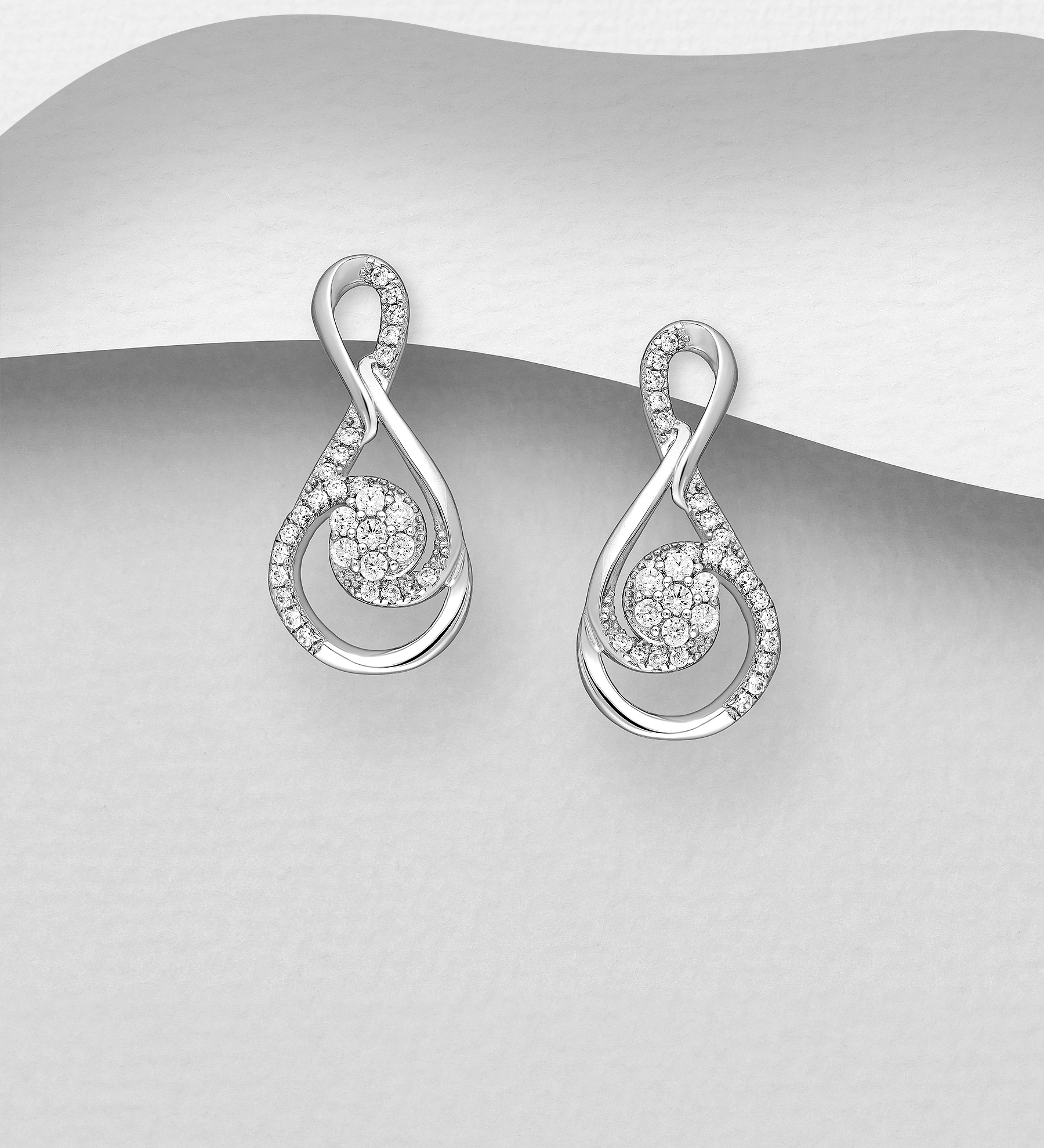 Wholesale 925 Sterling Silver Infinity Push-Back Earrings, Decorated with CZ Simulated Diamonds - SKU #701-33005