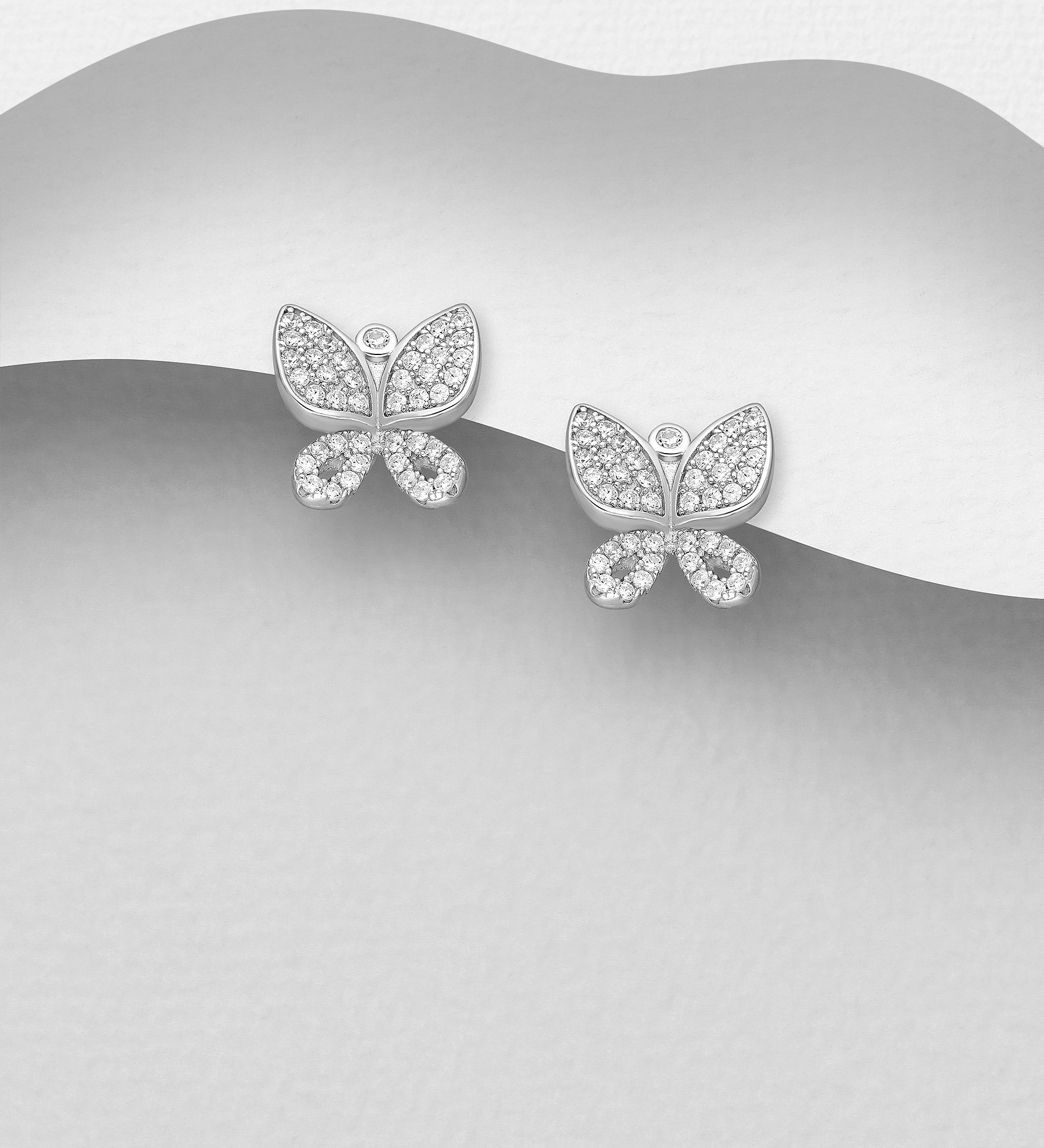 Wholesale 925 Sterling Silver Butterfly Push-Back Earrings, Decorated with CZ Simulated Diamonds - SKU #701-33007