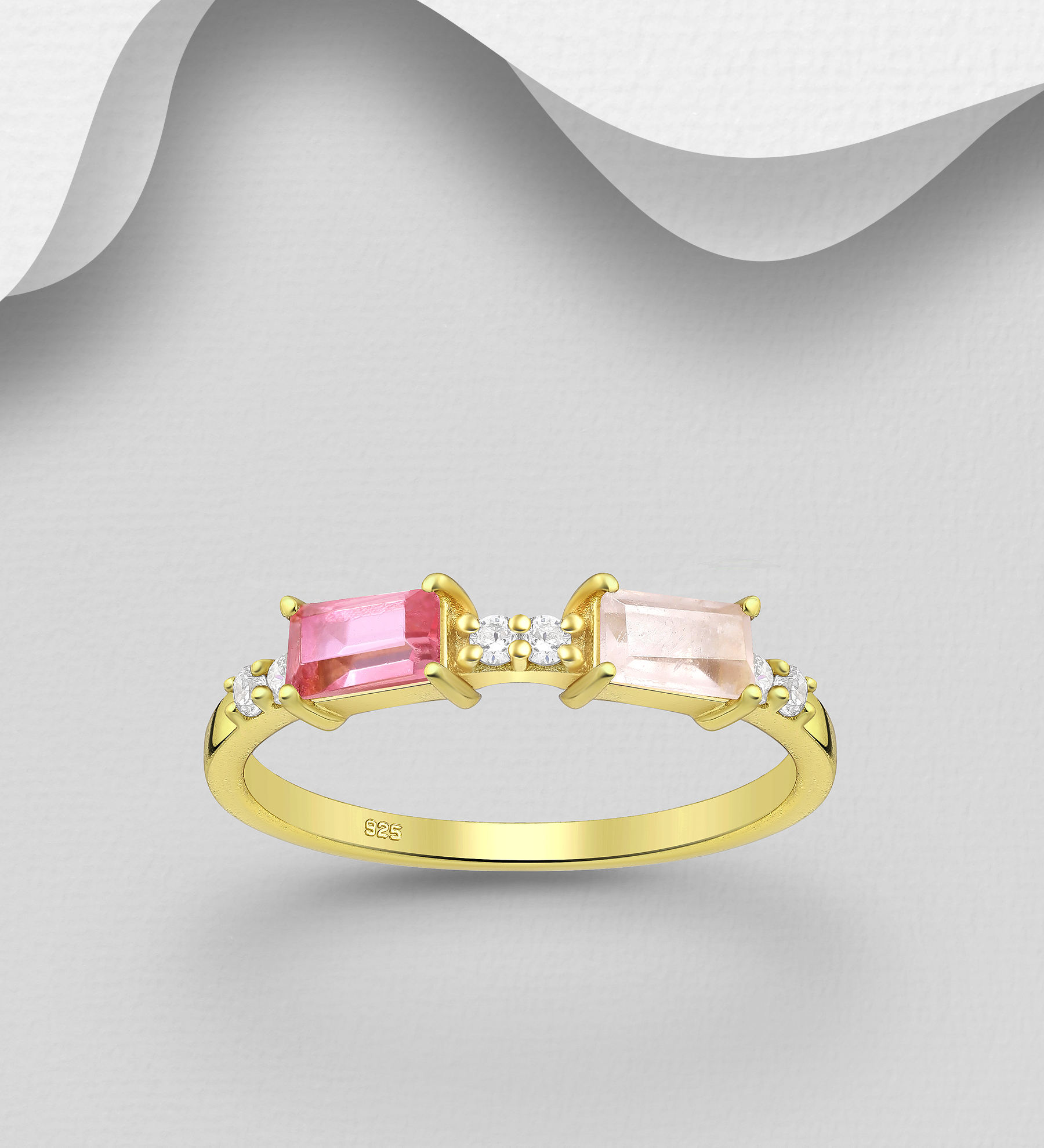 Desire by 7K - Wholesale 925 Sterling Silver Ring, Decorated with Rose Quartz, Lab-Created Pink Tourmaline and CZ Simulated Diamonds, Plated with 0.3 Micron 18K Yellow Gold - SKU #2070-115