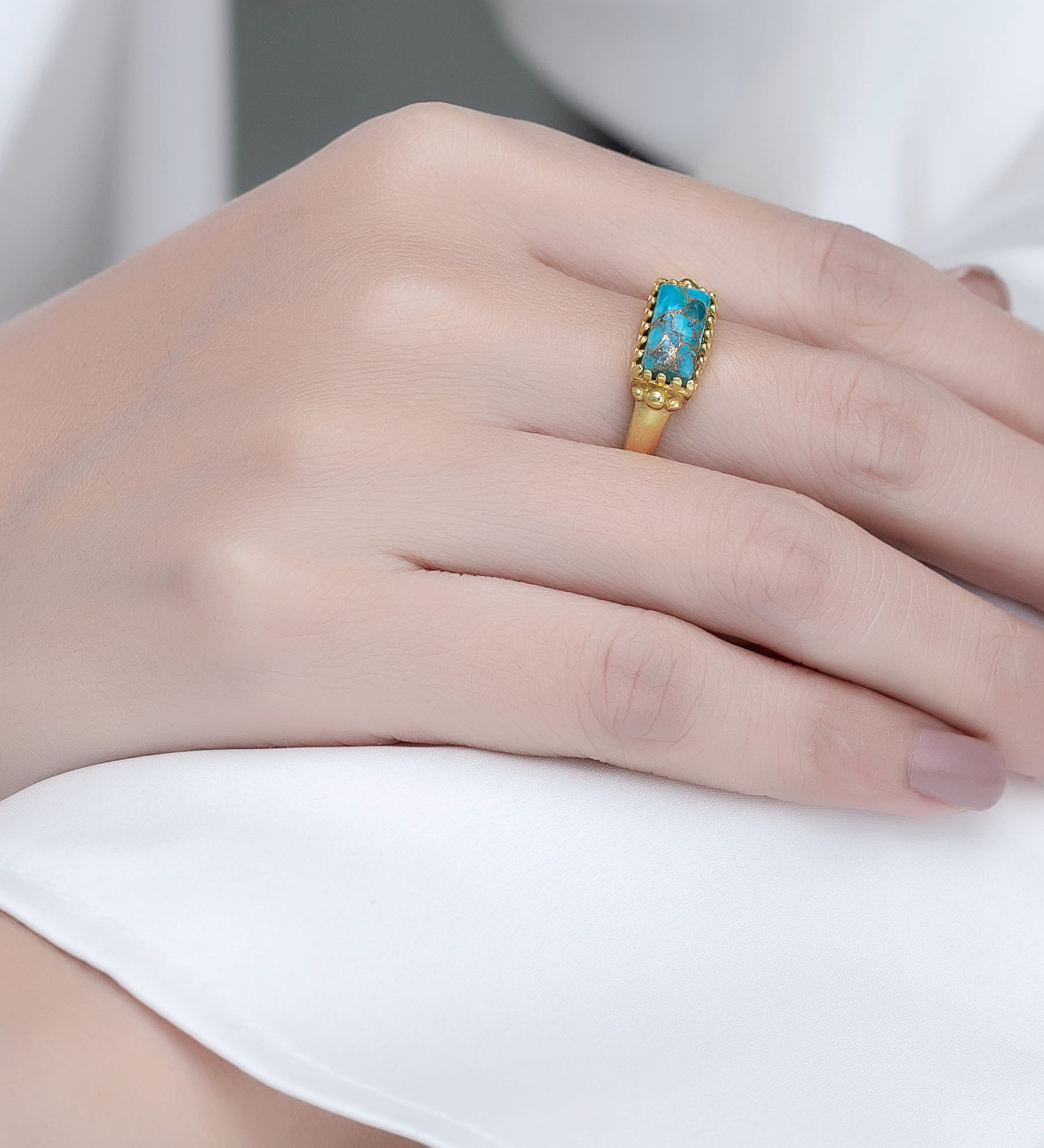 Desire by 7K - Wholesale 925 Sterling Silver Ring, Decorated with Reconstructed Copper Turquoise, Plated with 0.3 Micron 18K Yellow Gold - SKU #2070-560B