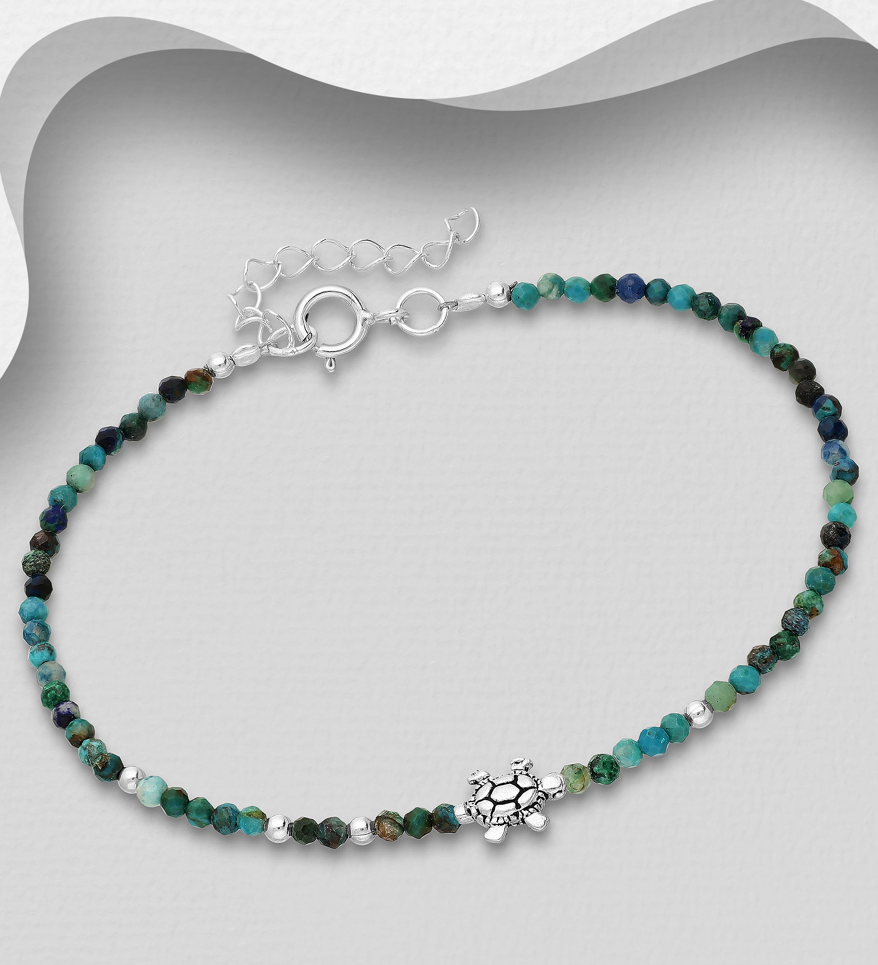 Wholesale 925 Sterling Silver Oxidized Turtle Bracelet, Beaded with Various Gemstone Beads - SKU #781-7238A