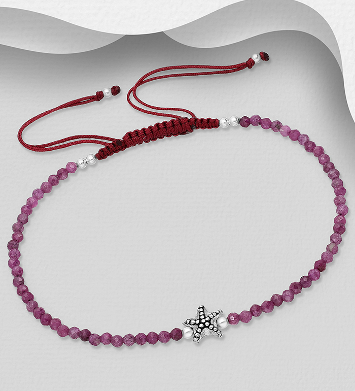 Wholesale 925 Sterling Silver Starfish Adjustable Thread Bracelet, Beaded with Various Gemstone Beads - SKU #883-9673A