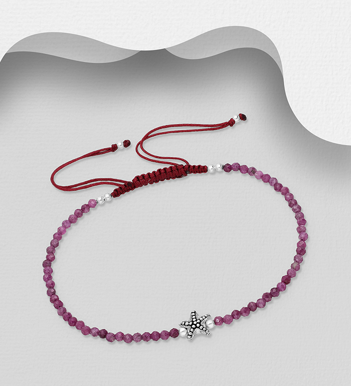 Wholesale 925 Sterling Silver Starfish Adjustable Thread Bracelet, Beaded with Various Gemstone Beads - SKU #883-9673A