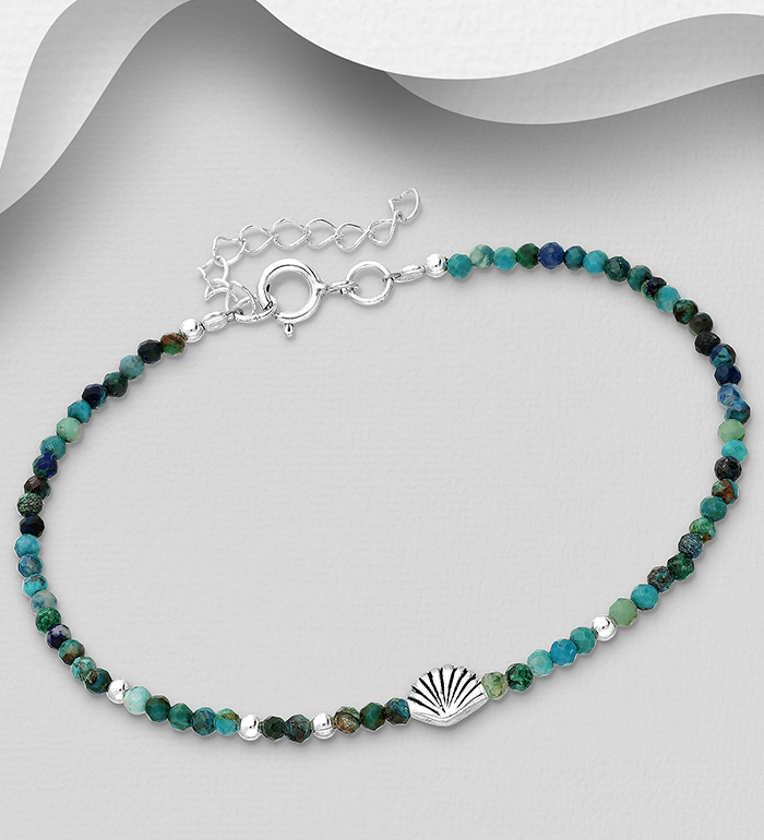 Wholesale 925 Sterling Silver Oxidized Shell Bracelet, Beaded with Various Gemstone Beads - SKU #781-7248A