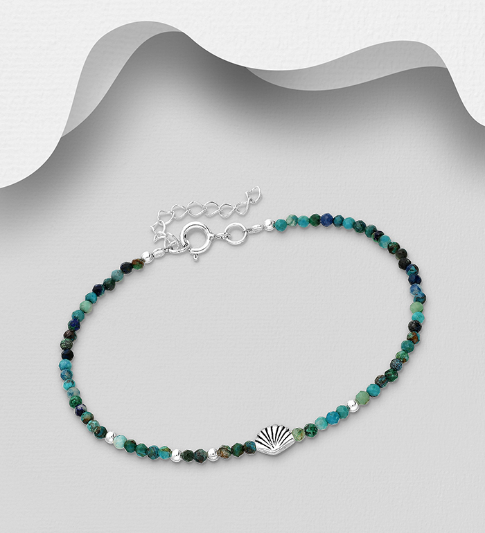 Wholesale 925 Sterling Silver Oxidized Shell Bracelet, Beaded with Various Gemstone Beads - SKU #781-7248A