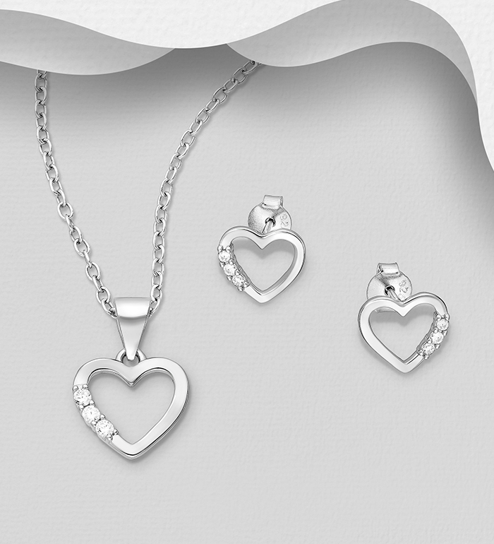 Wholesale 925 Sterling Silver Heart Push-Back Earrings and Pendant Jewelry Set, Decorated with CZ Simulated Diamonds - SKU #701-33047