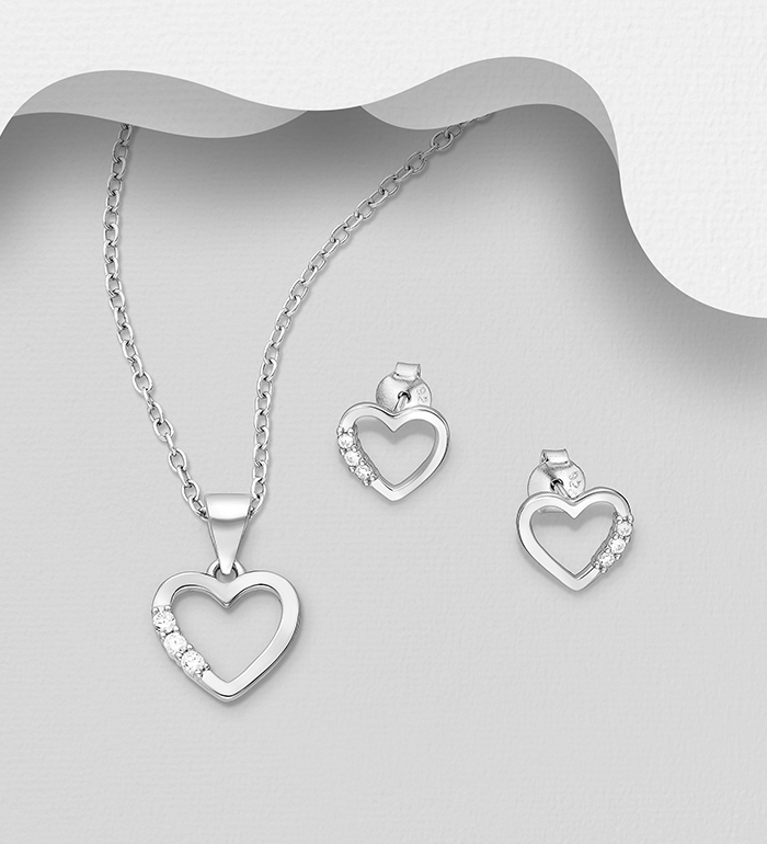Wholesale 925 Sterling Silver Heart Push-Back Earrings and Pendant Jewelry Set, Decorated with CZ Simulated Diamonds - SKU #701-33047