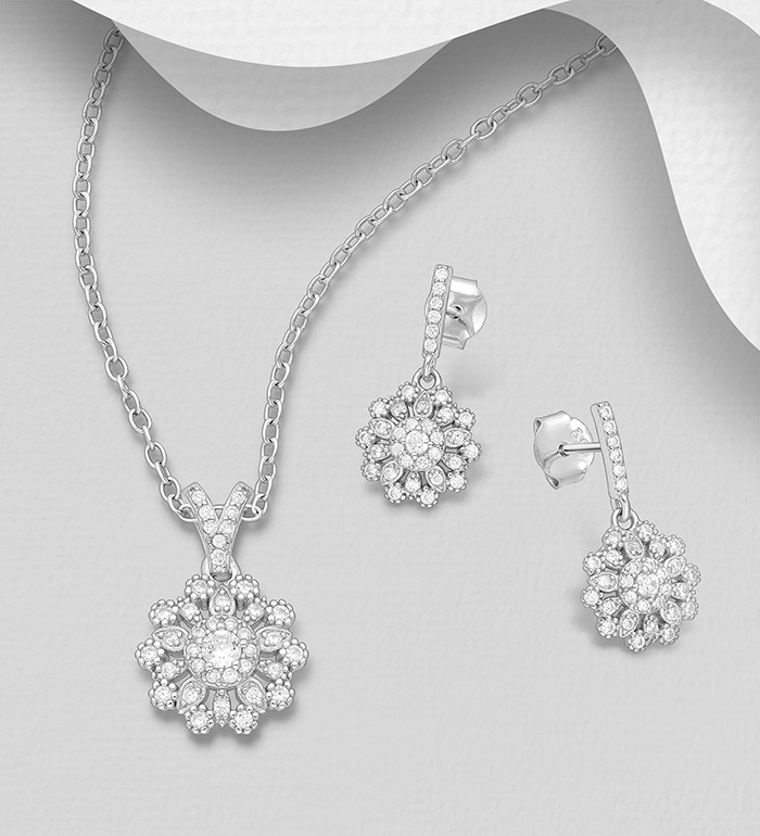 Wholesale 925 Sterling Silver Push-Back Earrings and Pendant Jewelry Set, Decorated with CZ Simulated Diamonds - SKU #701-33049