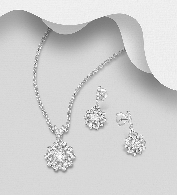 Wholesale 925 Sterling Silver Push-Back Earrings and Pendant Jewelry Set, Decorated with CZ Simulated Diamonds - SKU #701-33049