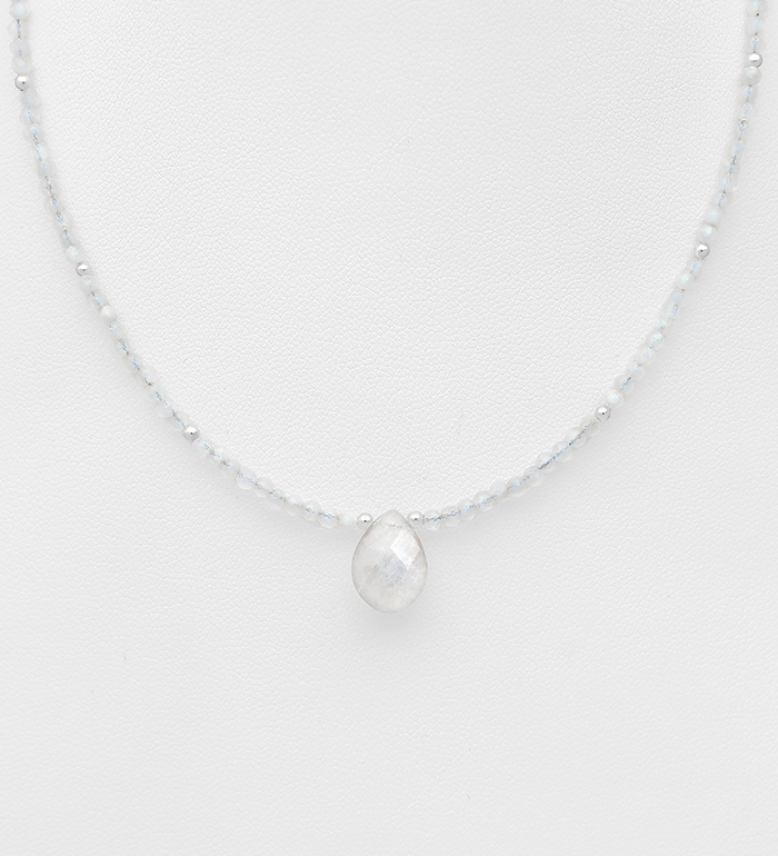 Wholesale 925 Sterling Silver Necklace, Beaded with Rainbow Moonstone and Rock Crystal - SKU #883-9834