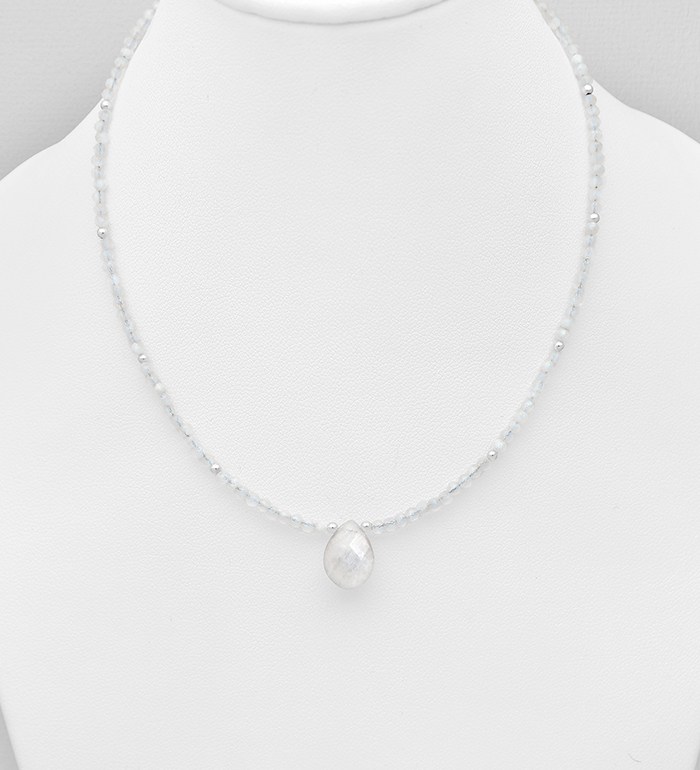 Wholesale 925 Sterling Silver Necklace, Beaded with Rainbow Moonstone and Rock Crystal - SKU #883-9834