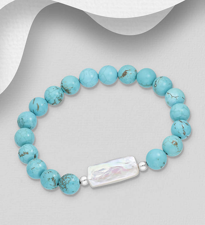 Wholesale 925 Sterling Silver Elastic Bracelet, Beaded with Freshwater Pearl and Reconstructed Sky Blue Turquoise - SKU #2140-626
