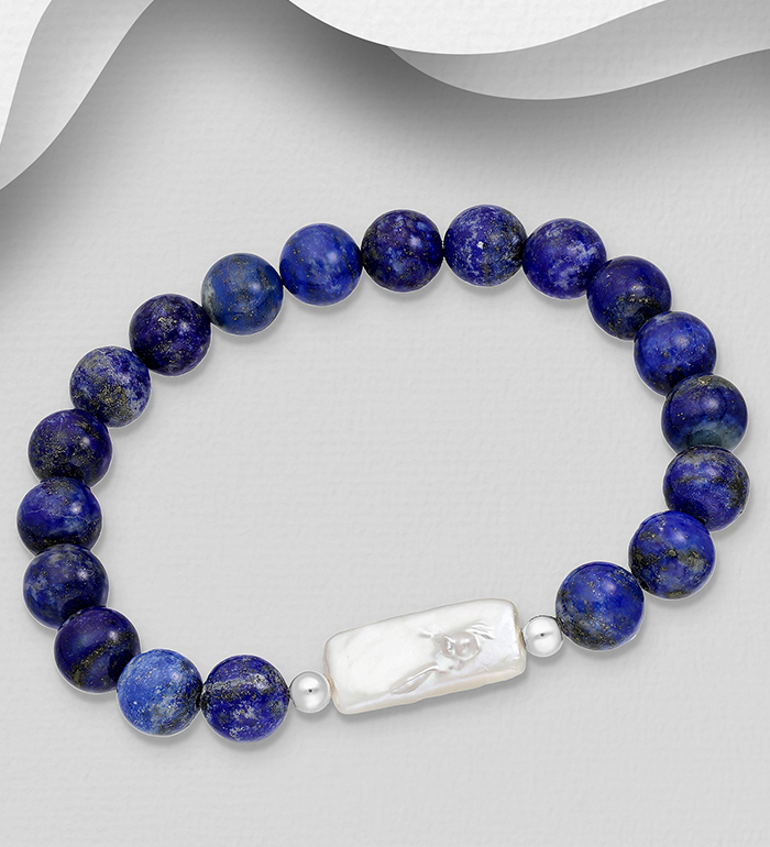 Wholesale 925 Sterling Silver Elastic Bracelet, Beaded with Freshwater Pearl and Various Gemstone Beads - SKU #883-9805