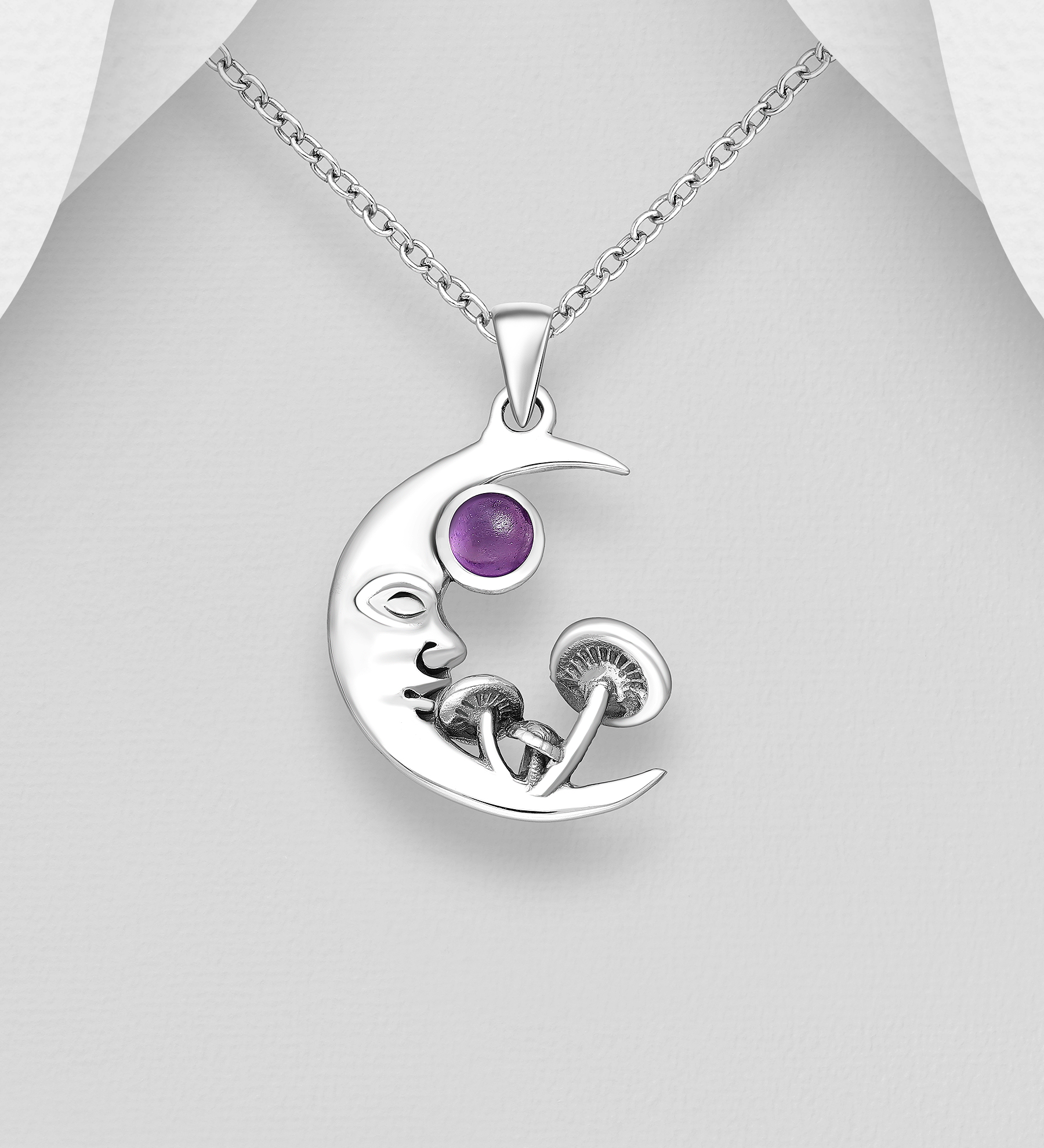 Wholesale 925 Sterling Silver Oxidized Moon and Mushroom Pendant, Decorated with Various Gemstones - SKU #883-9808
