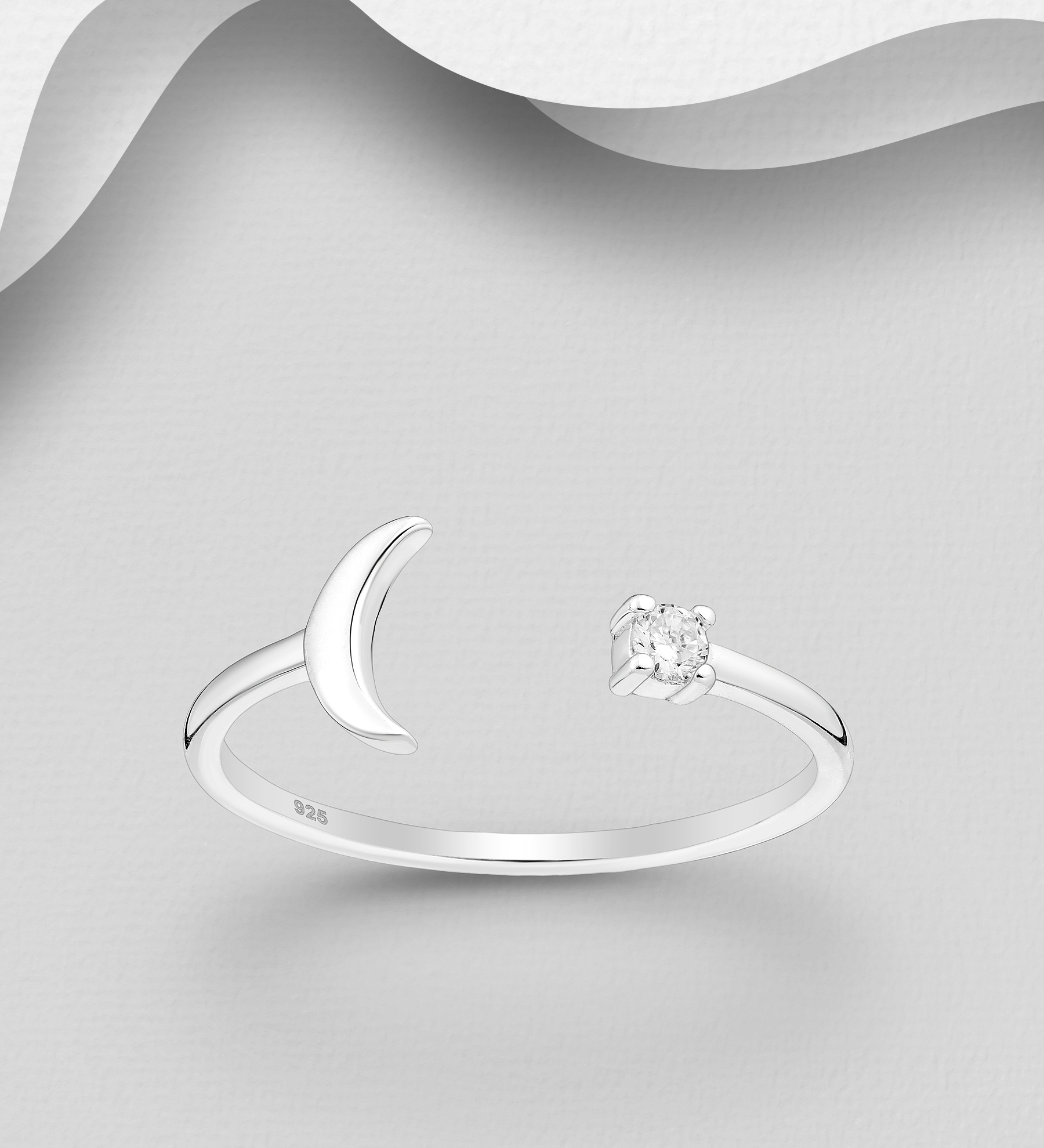 Wholesale 925 Sterling Silver Moon Adjustable Ring, Decorated with CZ Simulated Diamonds - SKU #701-33068