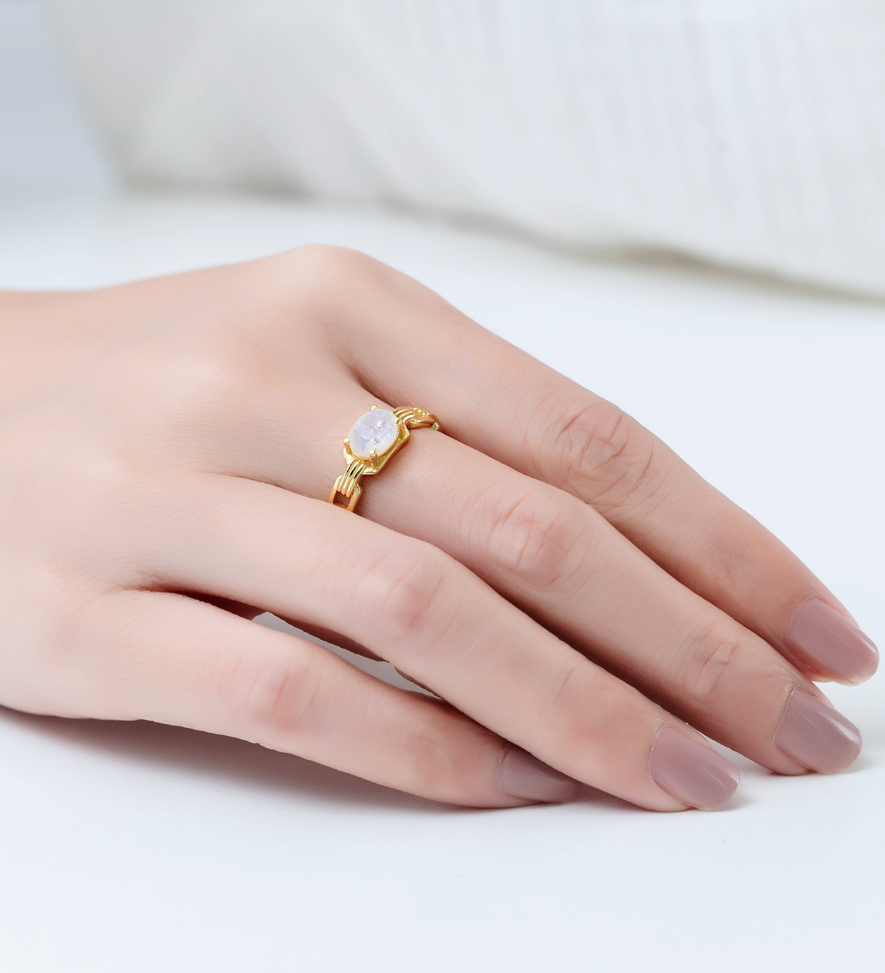 Desire by 7K - Wholesale 925 Sterling Silver Ring, Decorated with Rainbow Moonstone, Plated with 0.3 Micron 18K Yellow Gold - SKU #2070-112A