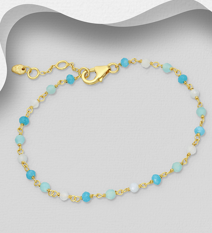 Desire by 7K - Wholesale 925 Sterling Silver Bracelet, Beaded with Amazonite, Milky Aquamarine, Neon Apatite Jade, Plated with 0.3 Micron 18K Yellow Gold - SKU #2070-576B