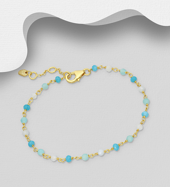 Desire by 7K - Wholesale 925 Sterling Silver Bracelet, Beaded with Amazonite, Milky Aquamarine, Neon Apatite Jade, Plated with 0.3 Micron 18K Yellow Gold - SKU #2070-576B