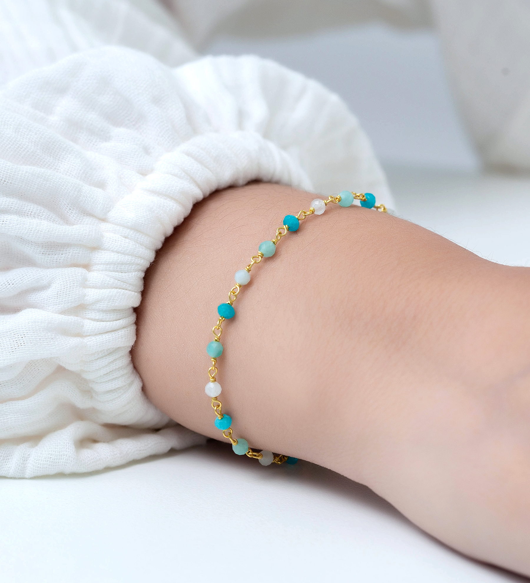 Desire by 7K - Wholesale 925 Sterling Silver Bracelet, Beaded with Amazonite, Milky Aquamarine, Neon Apatite Jade, Plated with 0.3 Micron 18K Yellow Gold - SKU #2070-576B