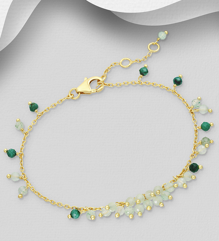 Desire by 7K - Wholesale 925 Sterling Silver Bracelet, Beaded with Green Aventurine, Malachite, Prehnite, Plated with 0.3 Micron 18K Yellow Gold - SKU #2070-575C