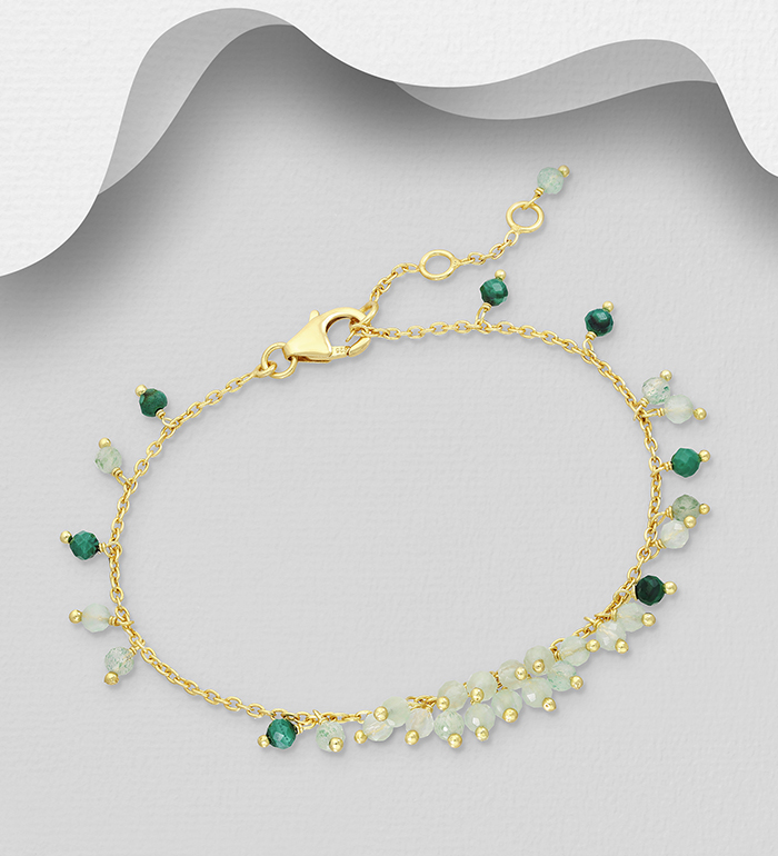 Desire by 7K - Wholesale 925 Sterling Silver Bracelet, Beaded with Green Aventurine, Malachite, Prehnite, Plated with 0.3 Micron 18K Yellow Gold - SKU #2070-575C