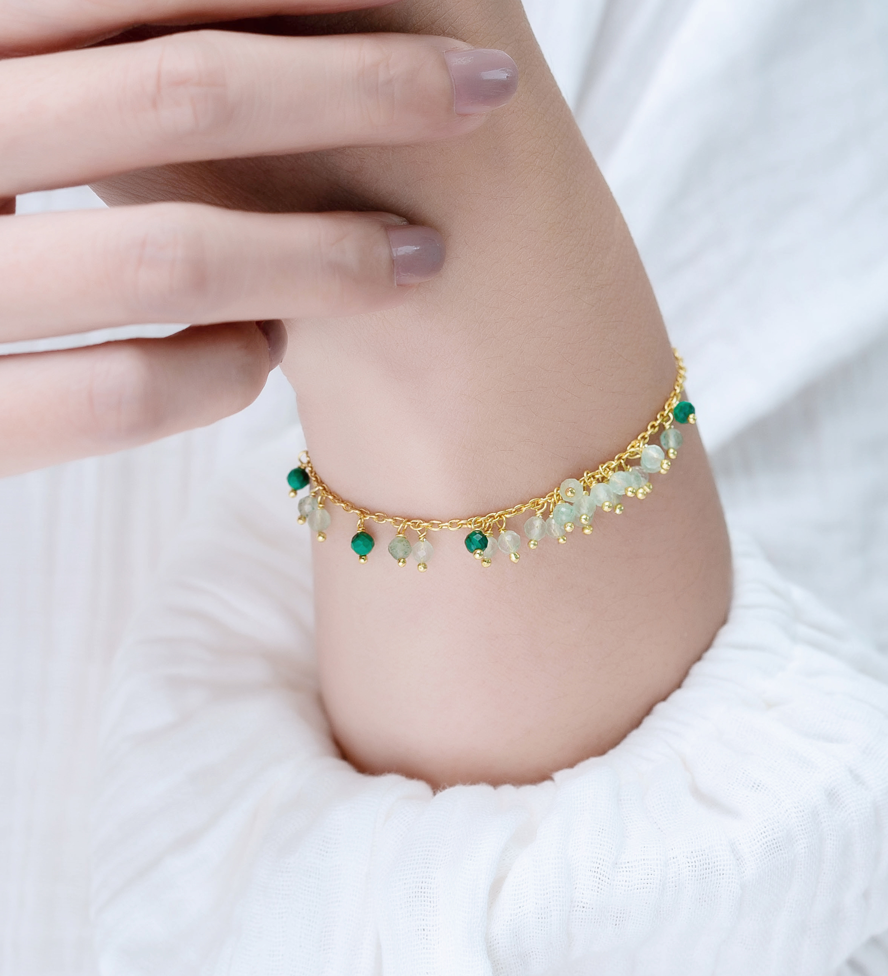 Desire by 7K - Wholesale 925 Sterling Silver Bracelet, Beaded with Green Aventurine, Malachite, Prehnite, Plated with 0.3 Micron 18K Yellow Gold - SKU #2070-575C