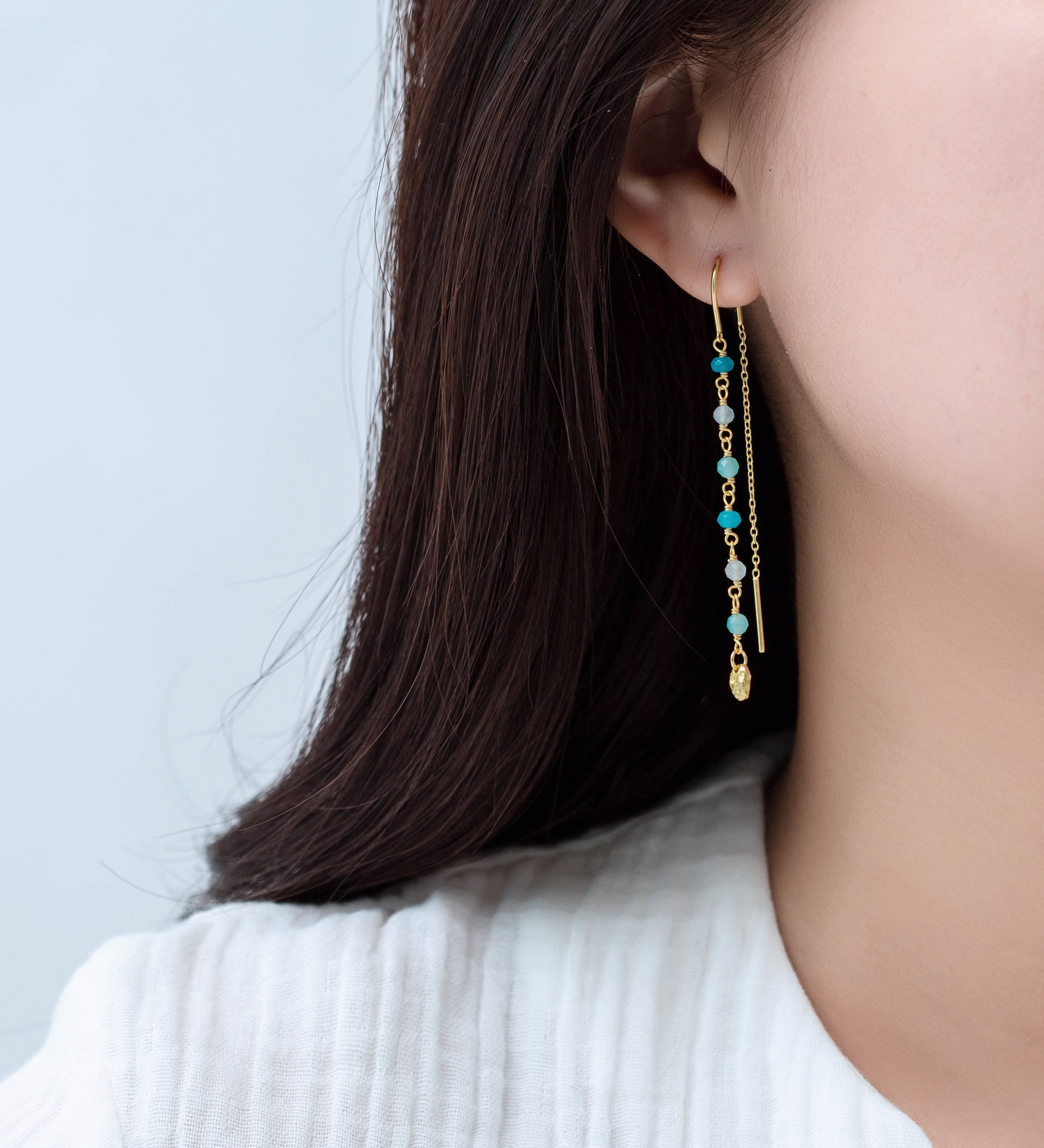 Desire by 7K - Wholesale 925 Sterling Silver Threader Earrings, Decorated with Neon Apatite Jade, Milky Aquamarine and Amazonite, Plated with 0.3 Micron 18K Yellow Gold - SKU #2070-571B