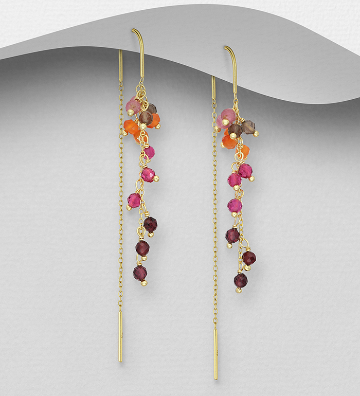 Desire by 7K - Wholesale 925 Sterling Silver Threader Earrings, Beaded with Pink Tourmaline, Smoky Quartz, Garnet, Lab-Created Pink Tourmaline, Orange Jade and Lab-Created Pink Tourmaline, Plated with 0.3 Micron 18K Yellow Gold - SKU #2070-573B
