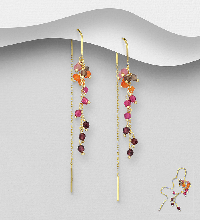 Desire by 7K - Wholesale 925 Sterling Silver Threader Earrings, Beaded with Pink Tourmaline, Smoky Quartz, Garnet, Lab-Created Pink Tourmaline, Orange Jade and Lab-Created Pink Tourmaline, Plated with 0.3 Micron 18K Yellow Gold - SKU #2070-573B