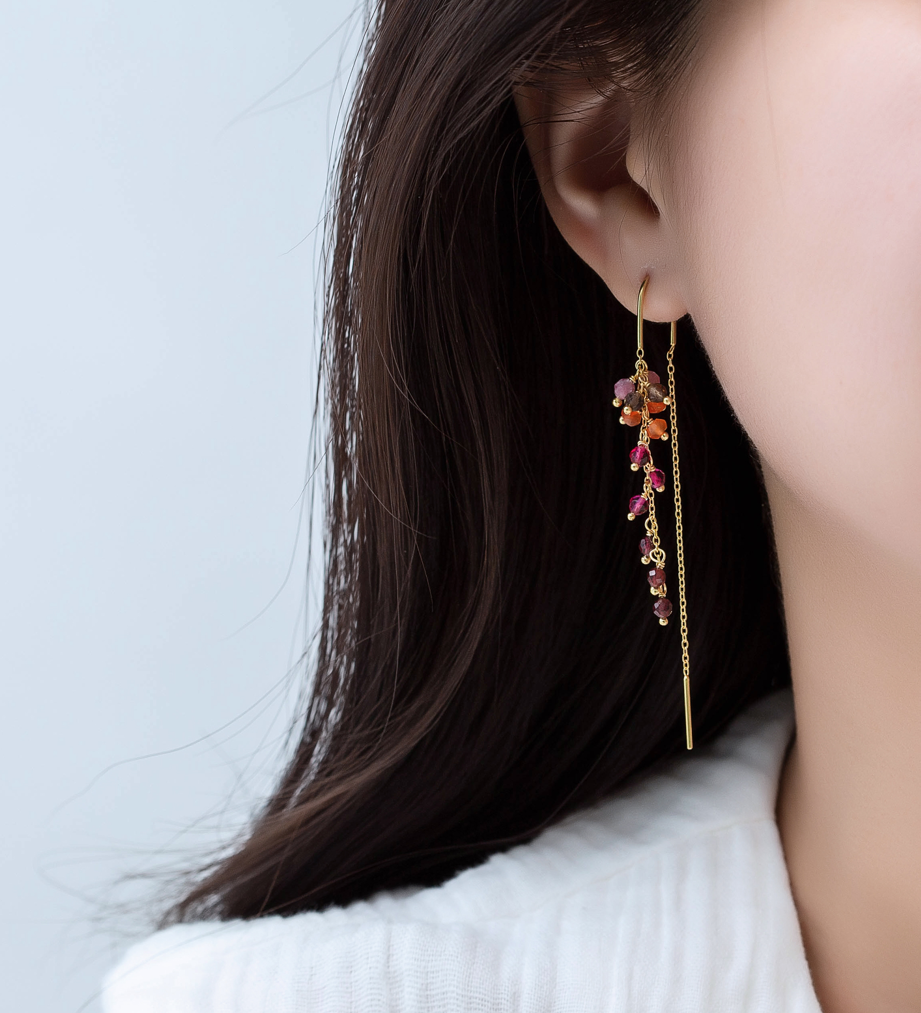 Desire by 7K - Wholesale 925 Sterling Silver Threader Earrings, Beaded with Pink Tourmaline, Smoky Quartz, Garnet, Lab-Created Pink Tourmaline, Orange Jade and Lab-Created Pink Tourmaline, Plated with 0.3 Micron 18K Yellow Gold - SKU #2070-573B